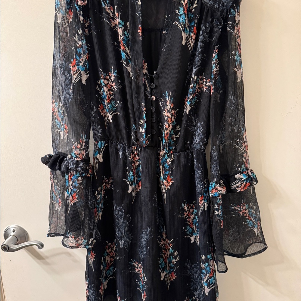 Mango Blue Plunge Neck Bishop Sleeve Sundress